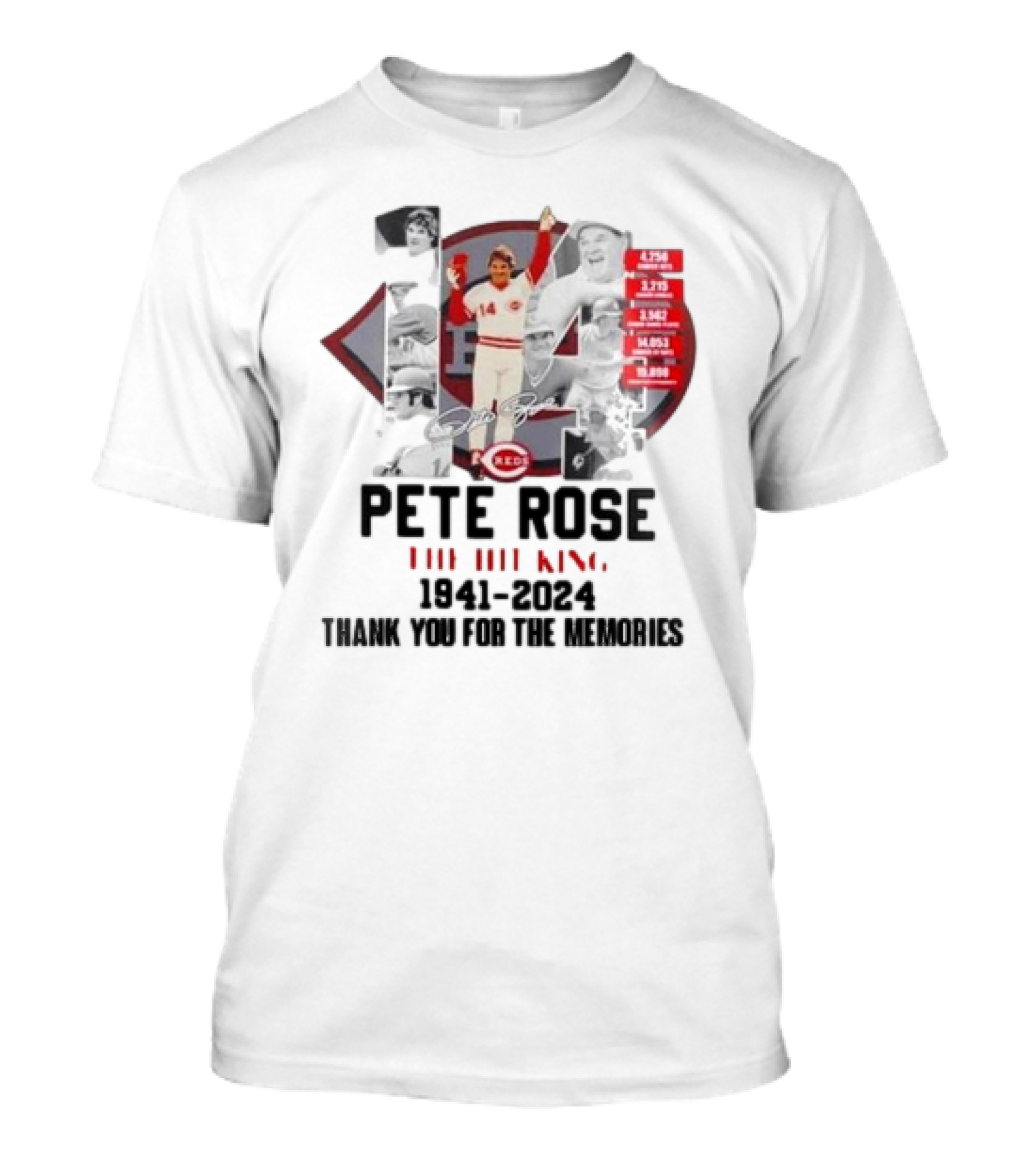 Cincinnati Reds Pete Rose The Hit King 1941-2024 Thank You For The Memories Signature Baseball Legend Statistics Collage T-Shirt
