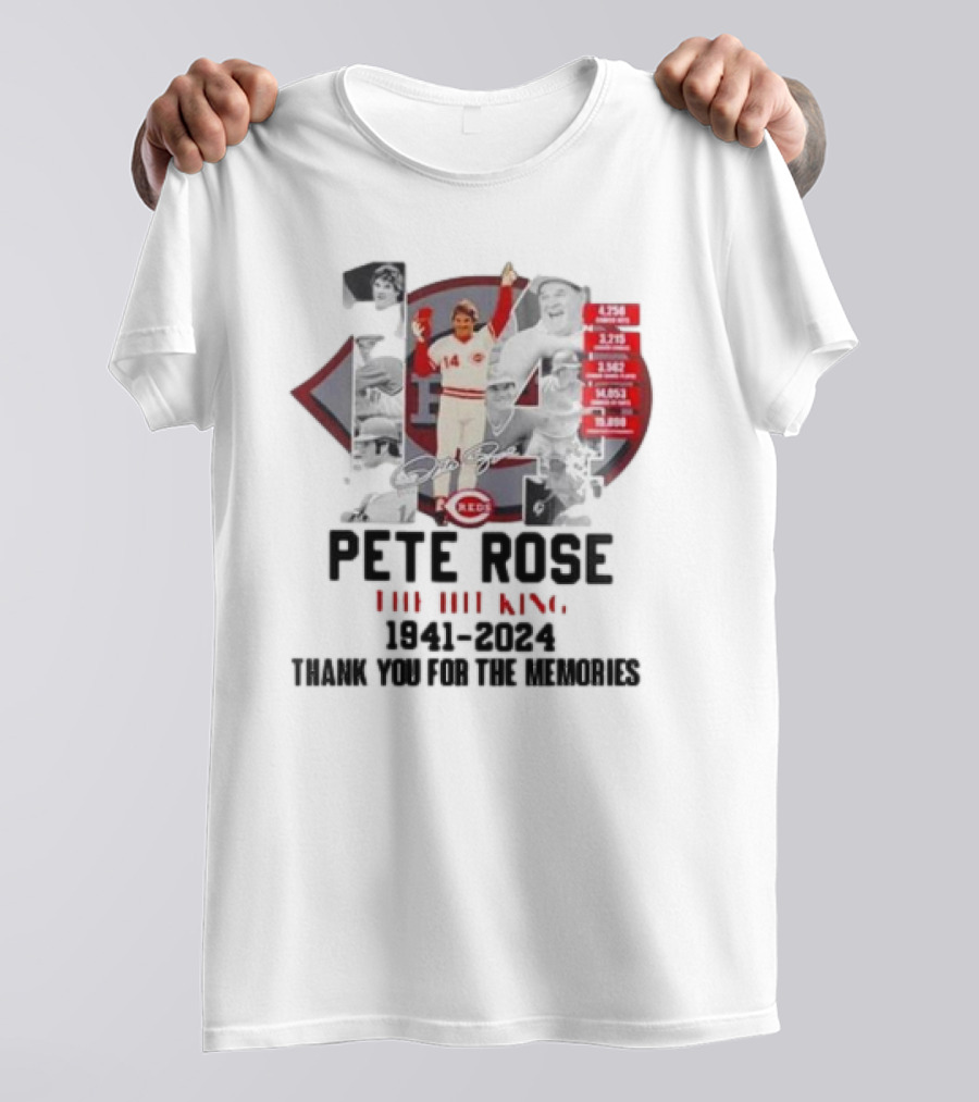 Cincinnati Reds Pete Rose The Hit King 1941-2024 Thank You For The Memories Signature Baseball Legend Statistics Collage T-Shirt