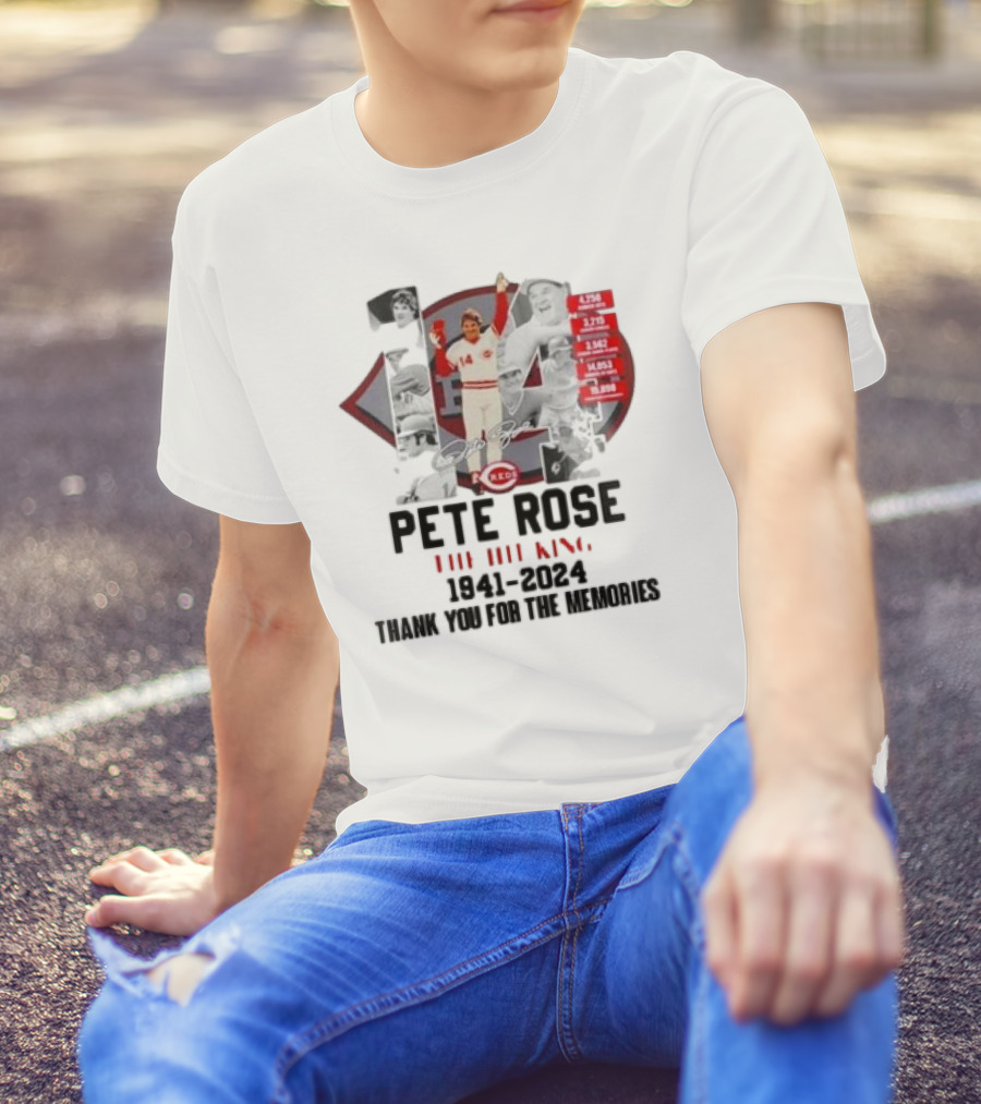 Cincinnati Reds Pete Rose The Hit King 1941-2024 Thank You For The Memories Signature Baseball Legend Statistics Collage T-Shirt
