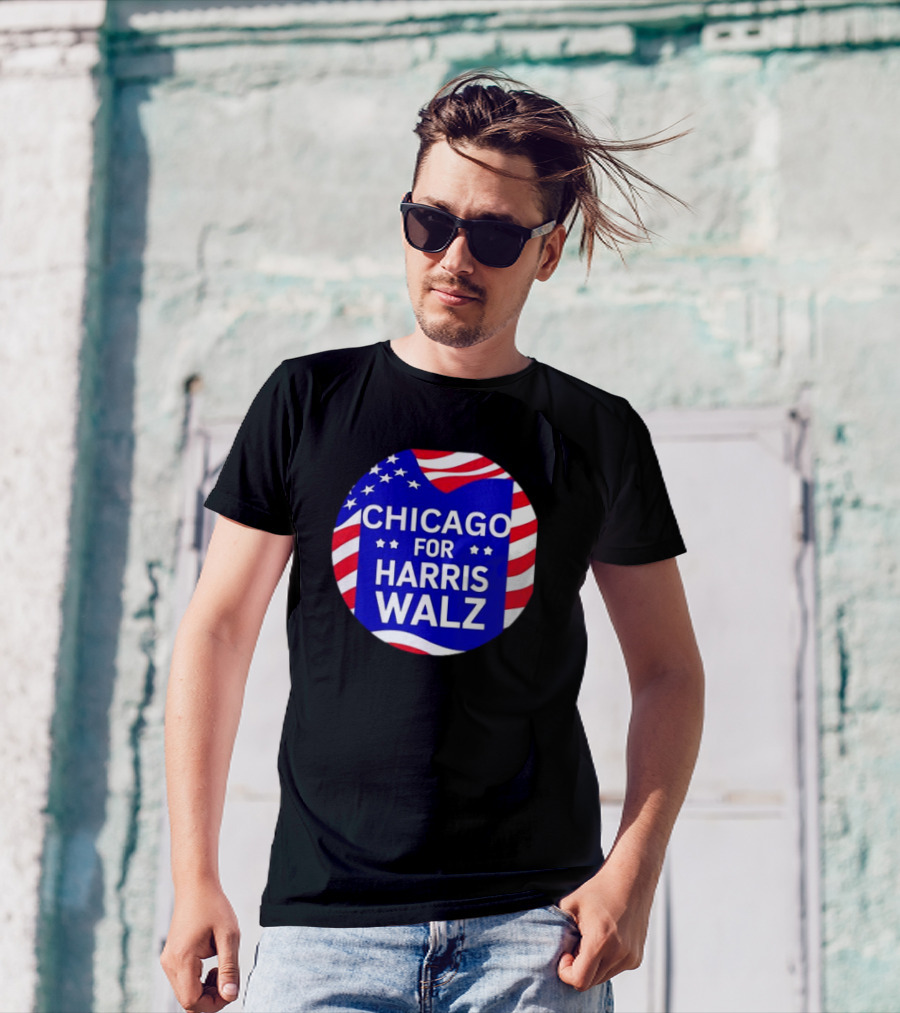 Chicago For Harris Walz US Flag Stars Stripes T-Shirt