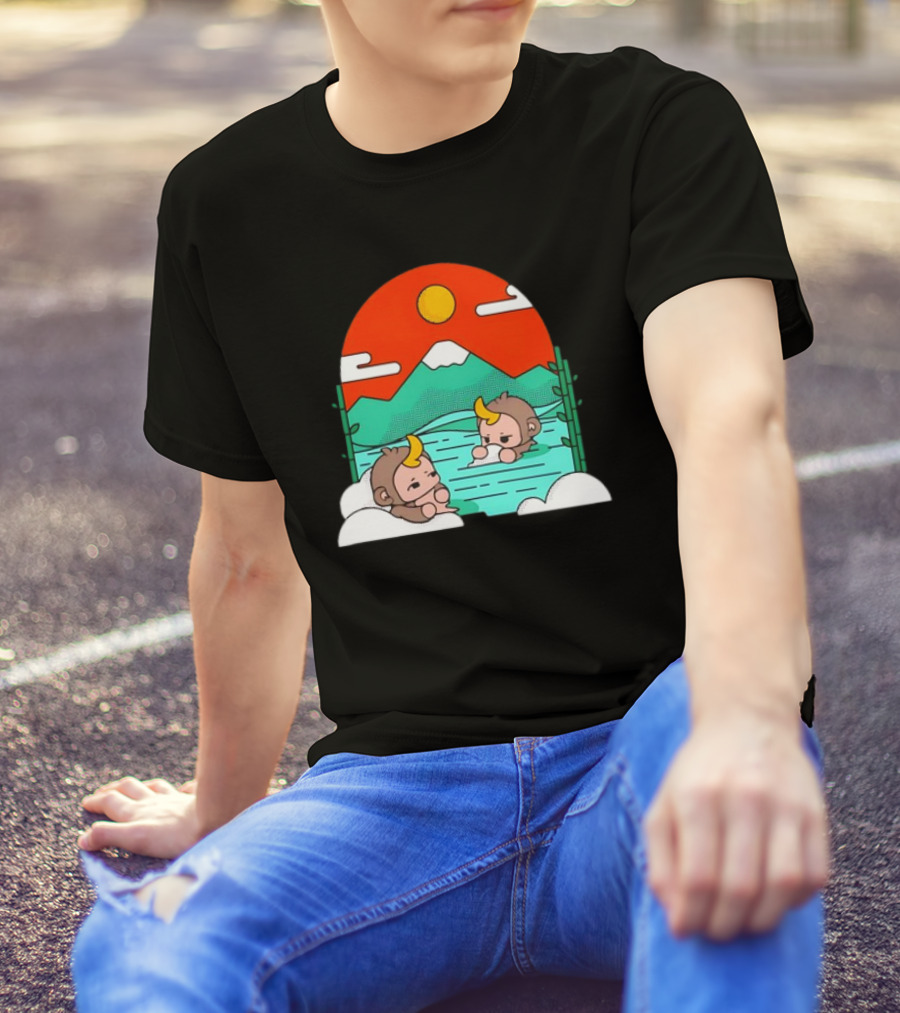 Connor Colquhoun The Tranquil Cute Monkeys In Vibrant Mountain Hot Spring Scenery With Sun And Clouds T-Shirt
