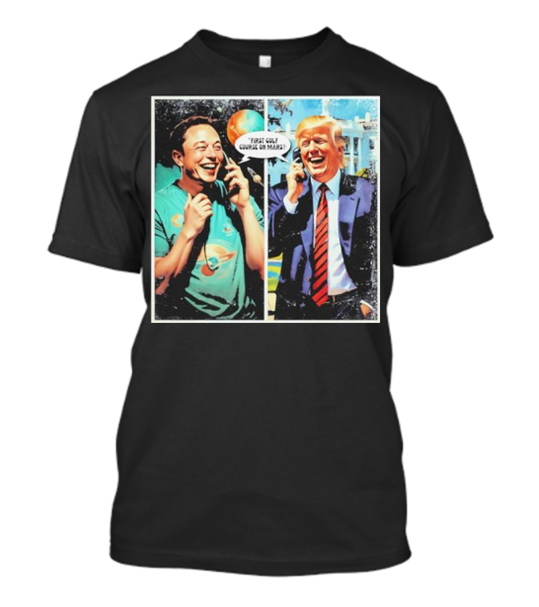 Funny Trump And Elon Musk First Golf Course On Mars Comic Satire T-Shirt