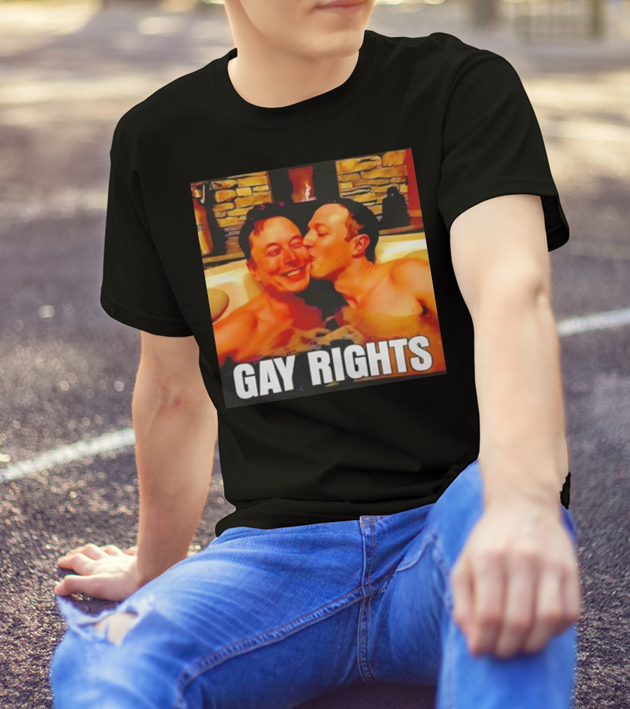 GAY RIGHTS Elon Musk Mark Zuckerberg Kissing Hot Tub Fireplace T-Shirt