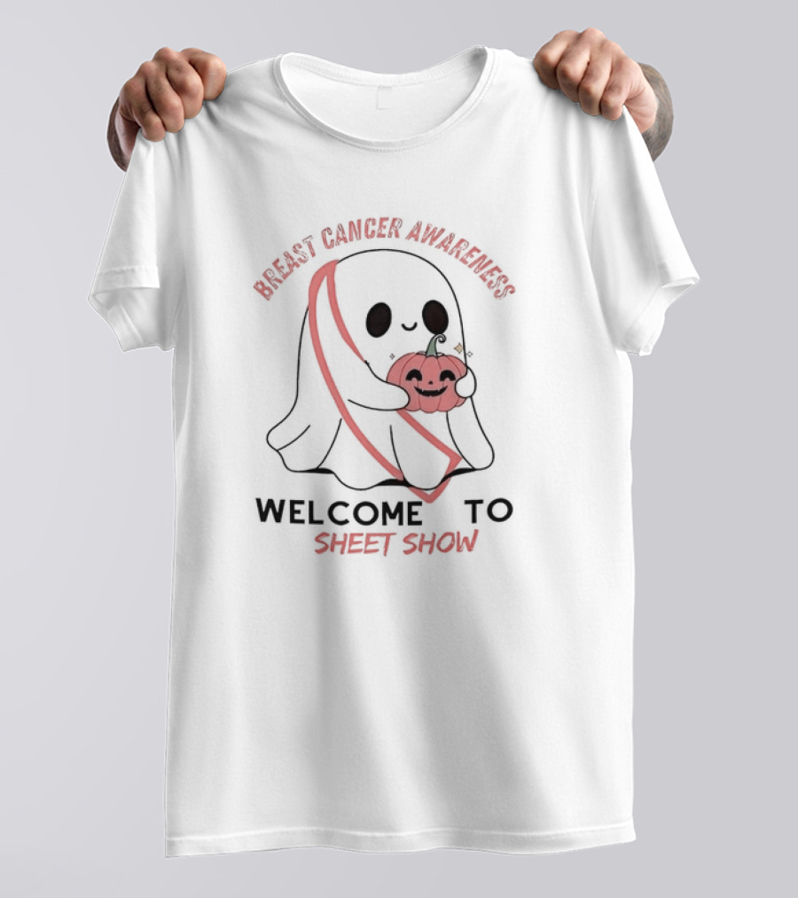 Breast Cancer Awareness Welcome To Sheet Show Ghost With Pink Pumpkin T-Shirt