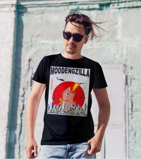 Moodengzilla Pygmy Hippopotamus Funny Retro Skyline With Helicopters T-Shirt