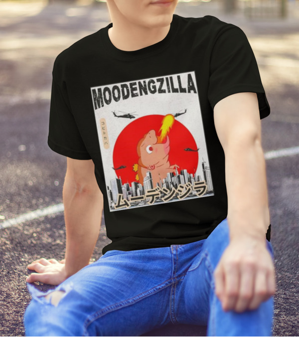 Moodengzilla Pygmy Hippopotamus Funny Retro Skyline With Helicopters T-Shirt