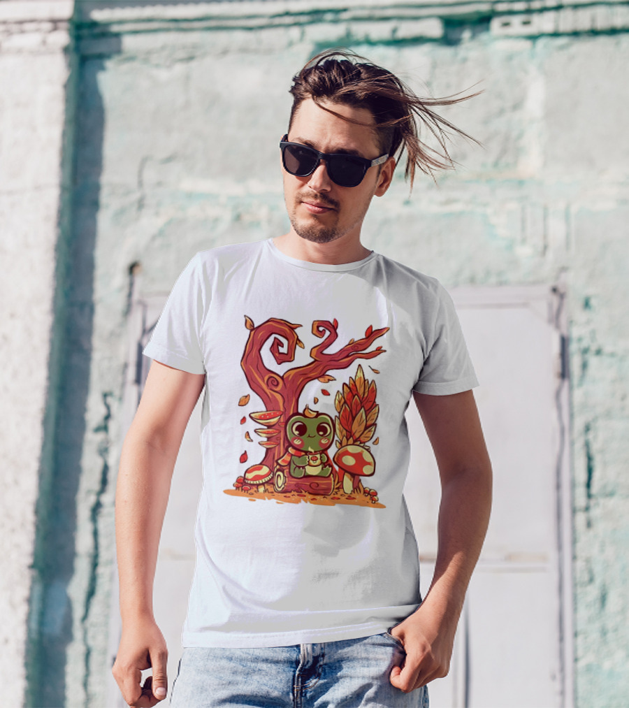 Cozy Autumn Days Cute Frog Enjoying Fall Leaves T-Shirt