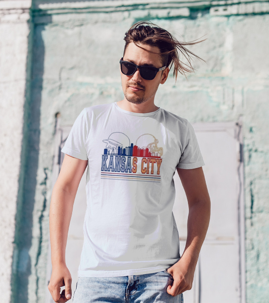 Kansas City Skyline Featuring Kansas City Chiefs Royals Helmets T-Shirt