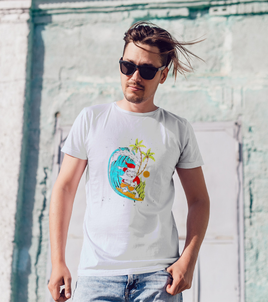 Mele Kalikimaka Hawaii Christmas Surfing Santa Wave Palm Trees Sun T-Shirt