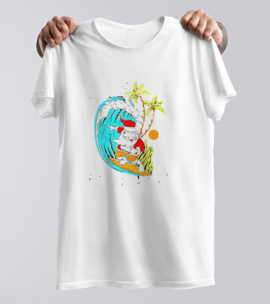 Mele Kalikimaka Hawaii Christmas Surfing Santa Wave Palm Trees Sun T-Shirt