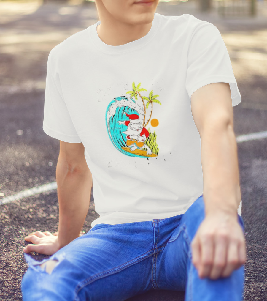 Mele Kalikimaka Hawaii Christmas Surfing Santa Wave Palm Trees Sun T-Shirt