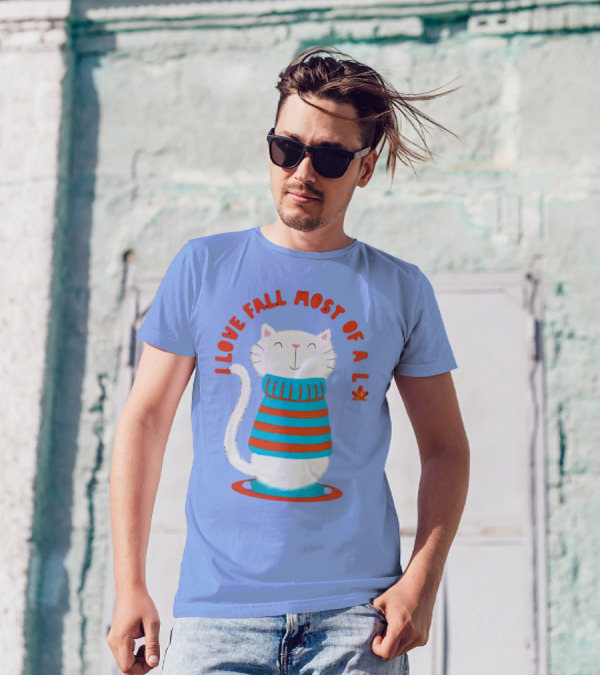 I Love Fall Most Of All Cat In Striped Sweater With Leaf T-Shirt
