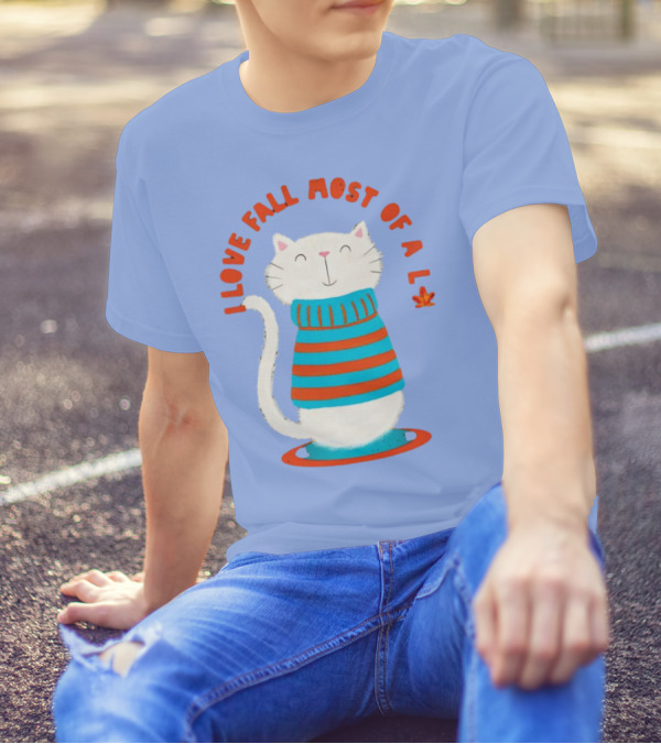 I Love Fall Most Of All Cat In Striped Sweater With Leaf T-Shirt