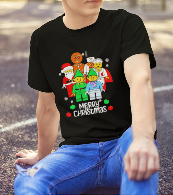 Merry Christmas Santa Elf Snowman Gingerbread Building Bricks Figures T-Shirt