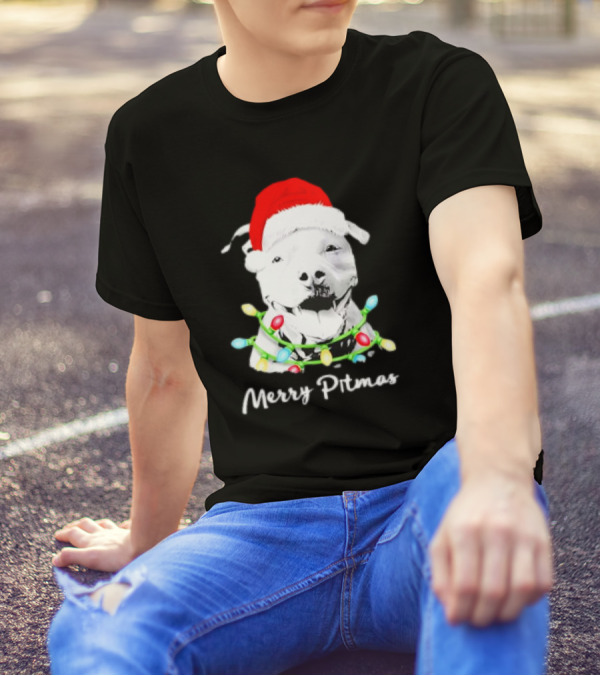 Merry Pitmas Pit Bull Santa With Christmas Tree Lights T-Shirt