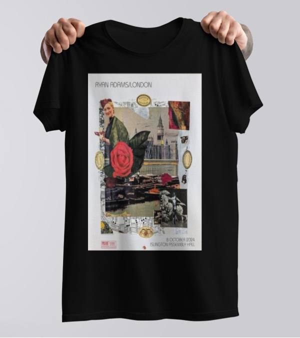 Ryan Adams London 8 October 2024 Islington Assembly Hall Collage With Rose And Landmark T-Shirt