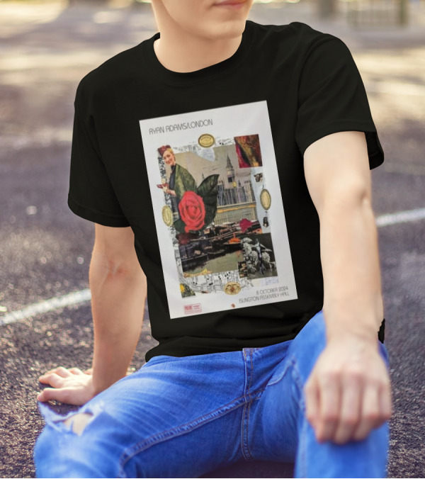 Ryan Adams London 8 October 2024 Islington Assembly Hall Collage With Rose And Landmark T-Shirt