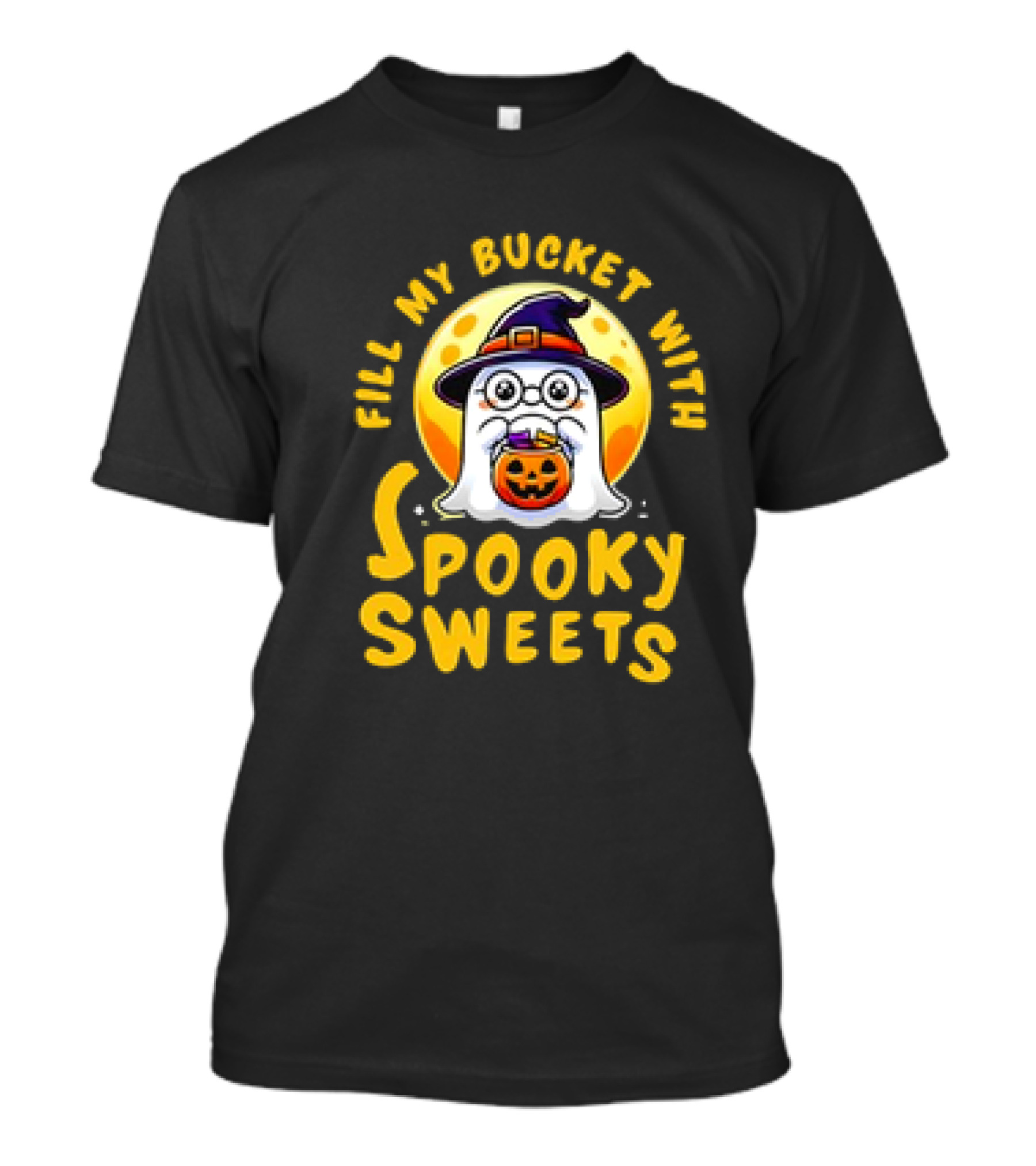 Fill My Bucket With Spooky Sweets Ghost In Witch Hat Halloween Moon T-Shirt