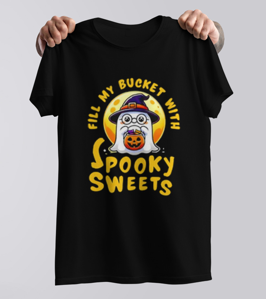 Fill My Bucket With Spooky Sweets Ghost In Witch Hat Halloween Moon T-Shirt