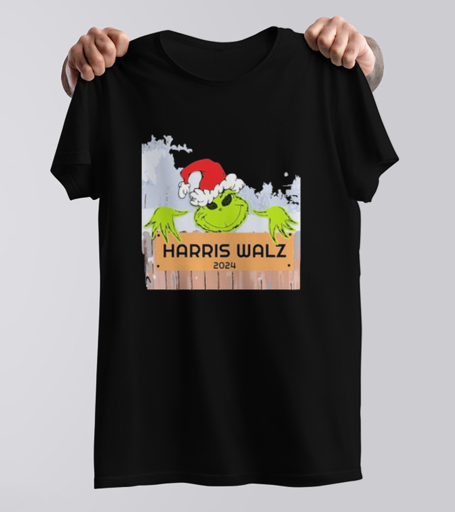 Grinch Harris Walz 2024 Christmas Santa Hat Fence Peeking T-Shirt