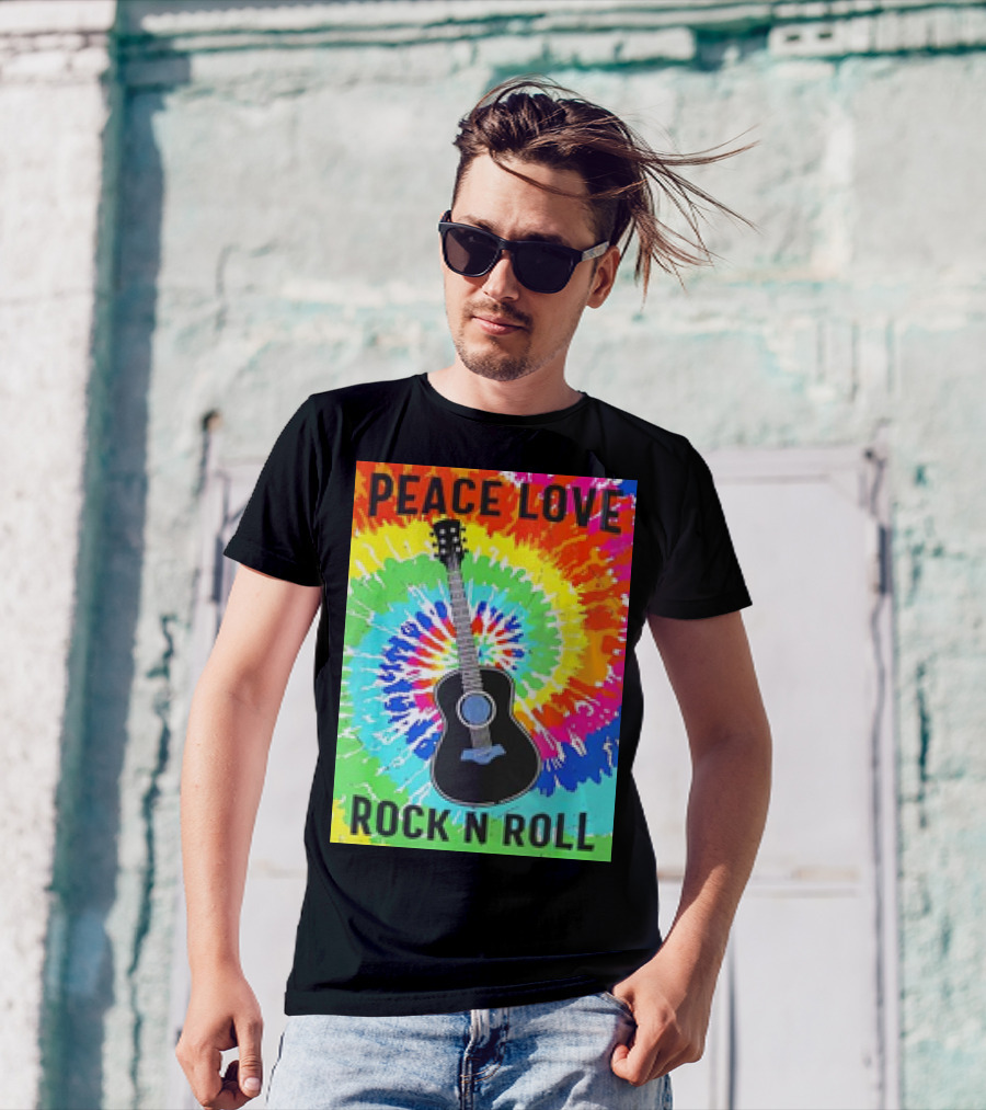 Peace Love Rock N Roll Tie Dye Hippie Guitar Retro Colorful T-Shirt