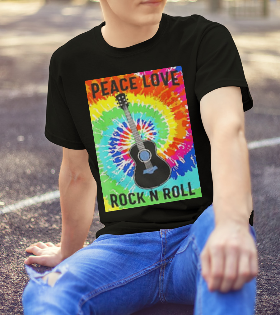 Peace Love Rock N Roll Tie Dye Hippie Guitar Retro Colorful T-Shirt