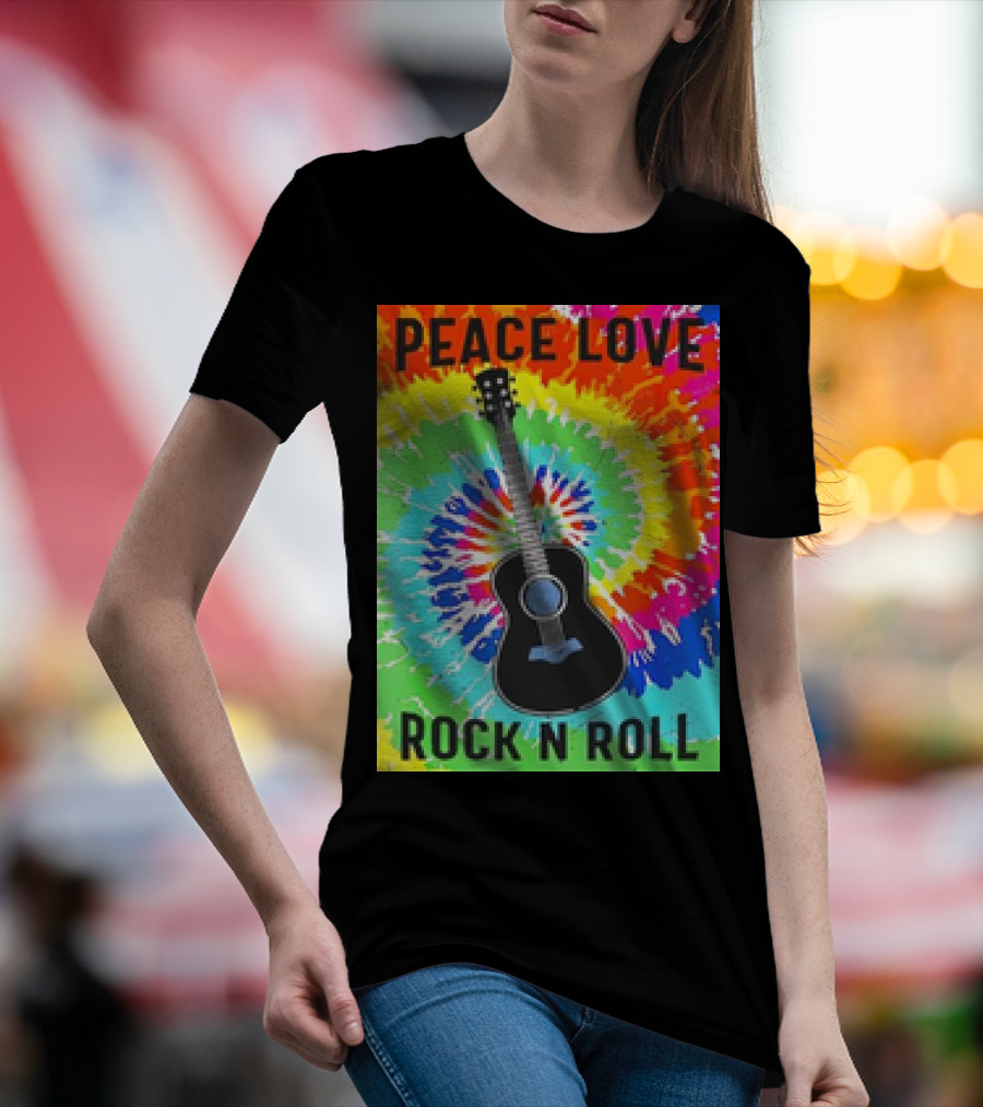 Peace Love Rock N Roll Tie Dye Hippie Guitar Retro Colorful T-Shirt