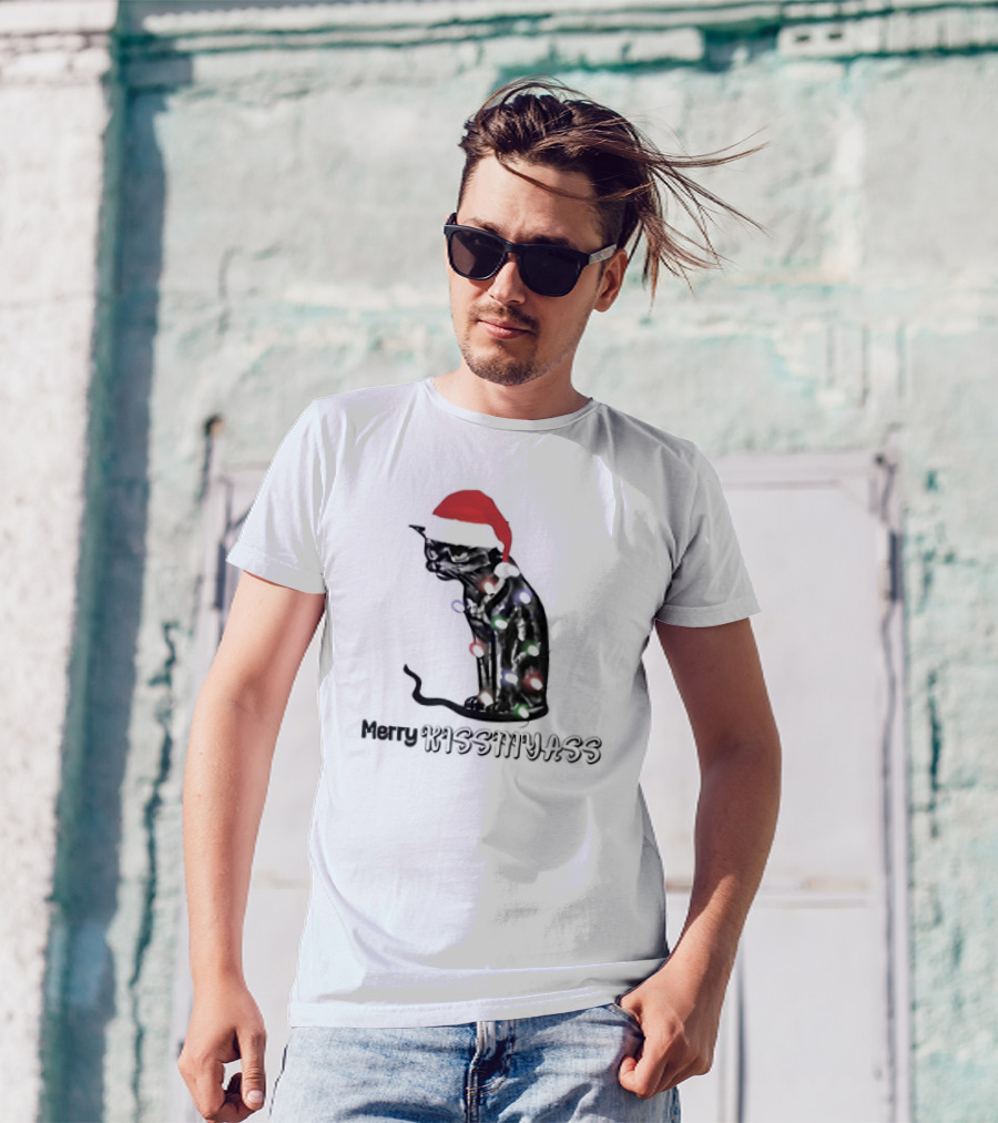 Merry Kiss My Ass Cat Christmas Lights Santa Hat T-Shirt