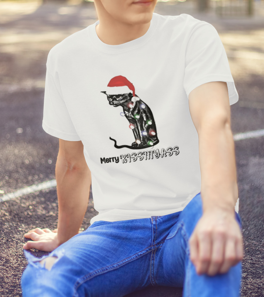 Merry Kiss My Ass Cat Christmas Lights Santa Hat T-Shirt