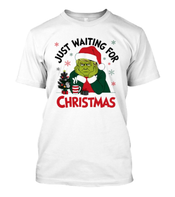 Just Waiting For Christmas Trump Grinchmas Santa Hat Snowflakes Tree Hot Cocoa T-Shirt