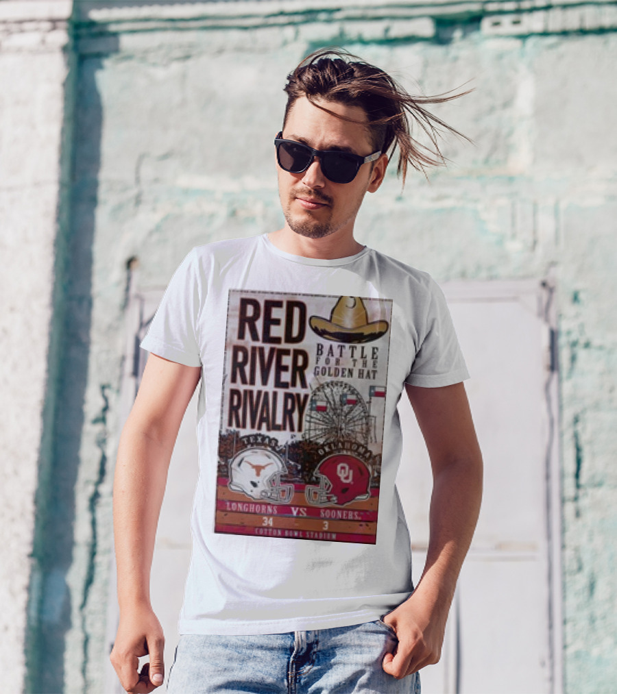 Texas Longhorns Vs Oklahoma Sooners Red River Rivalry Battle For The Golden Hat 34-3 Cotton Bowl Stadium T-Shirt