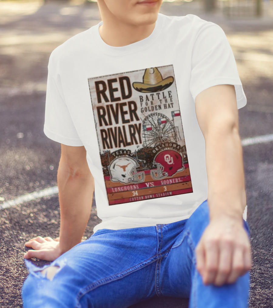 Texas Longhorns Vs Oklahoma Sooners Red River Rivalry Battle For The Golden Hat 34-3 Cotton Bowl Stadium T-Shirt
