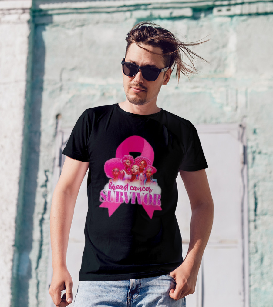 Breast Cancer Survivor Pink Ribbon Black Women Melanin Warrior T-Shirt
