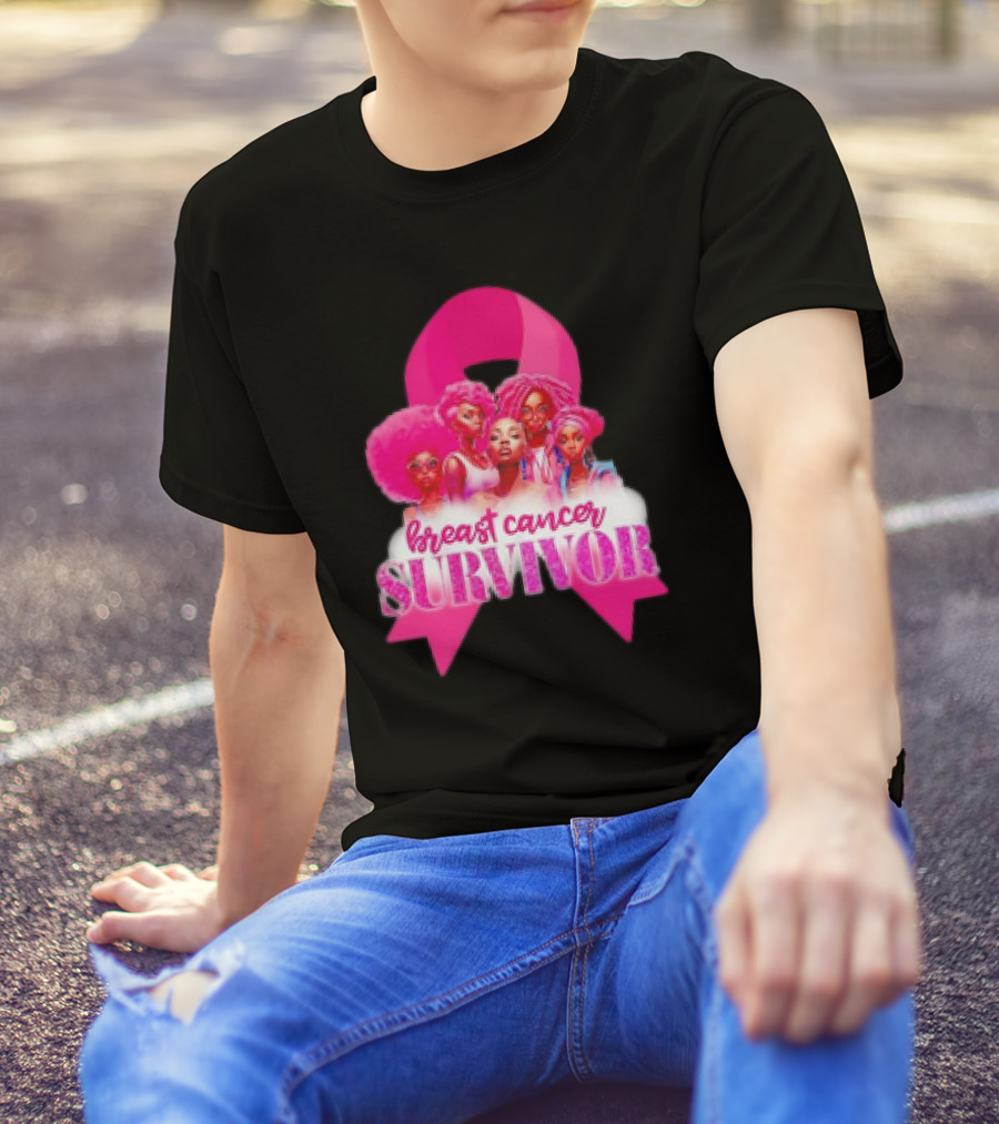 Breast Cancer Survivor Pink Ribbon Black Women Melanin Warrior T-Shirt