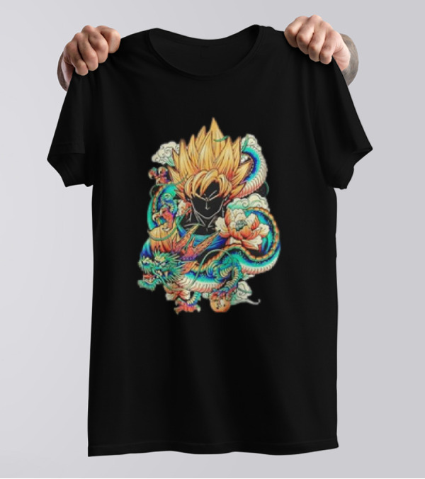 Colorful Dragon Ball Z Super Saiyan Goku With Dragon Serpent And Clouds T-Shirt