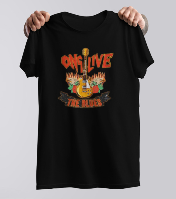 Long Live The Blues Guitar Flames And Roses T-Shirt