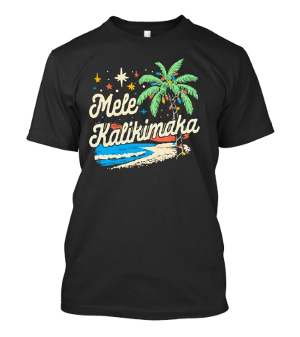 Mele Kalikimaka Christmas 2024 Tropical Palm Tree Beach Scene T-Shirt