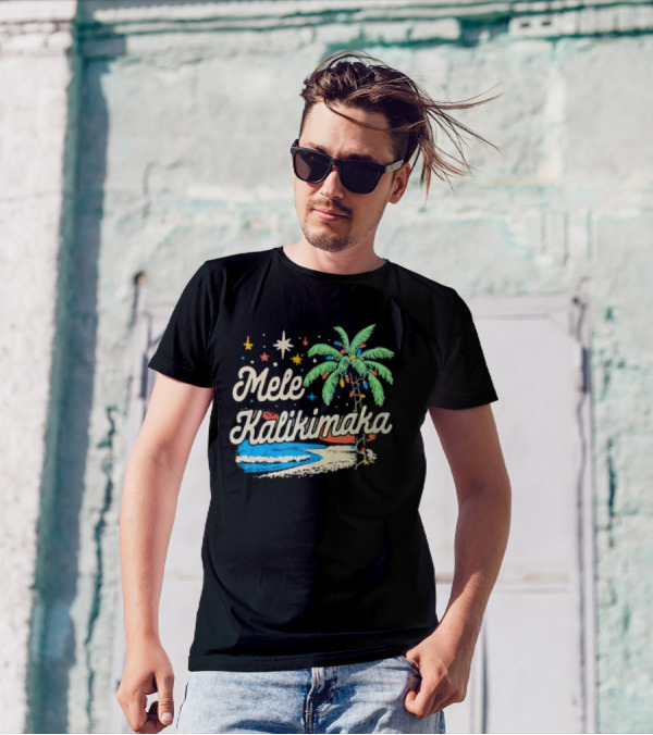 Mele Kalikimaka Christmas 2024 Tropical Palm Tree Beach Scene T-Shirt