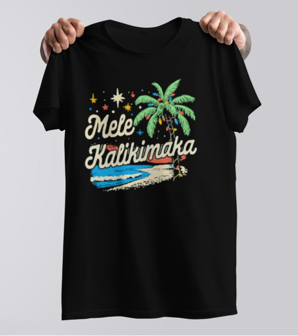 Mele Kalikimaka Christmas 2024 Tropical Palm Tree Beach Scene T-Shirt