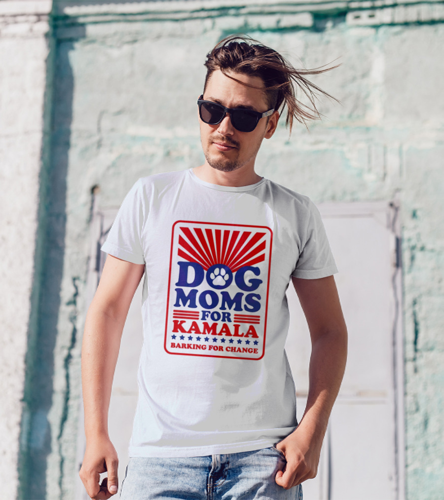 Dog Moms For Kamala Barking For Change Paw Print Red White Blue Stars Sunburst T-Shirt