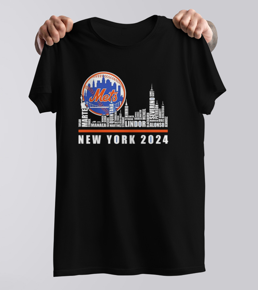New York Mets 2024 Player Names Skyline Silhouette With Mets T-Shirt