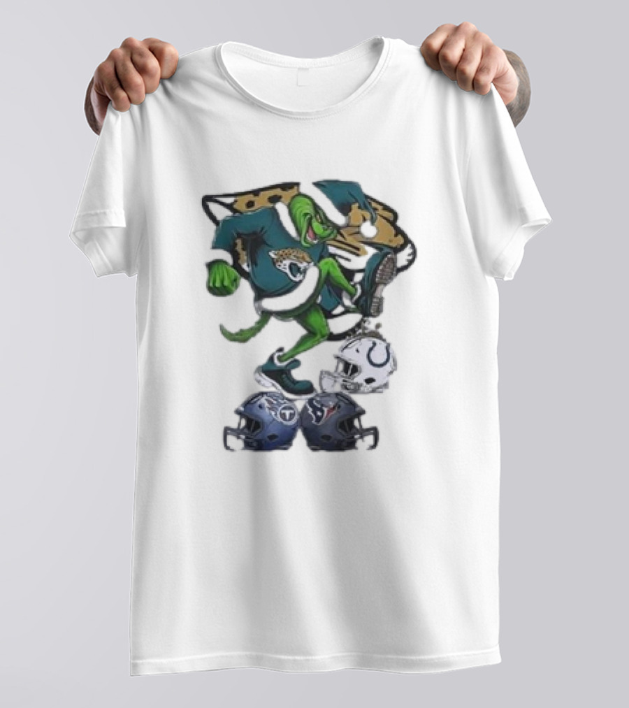 Christmas Grinch Jacksonville Jaguars Stomping NFL Colts Titans Texans Helmets T-Shirt