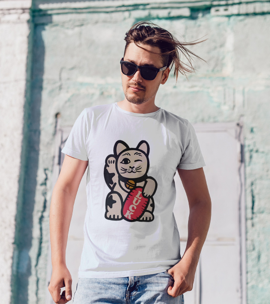 Maneki Lucky Cat Winking With Luck Sign T-Shirt