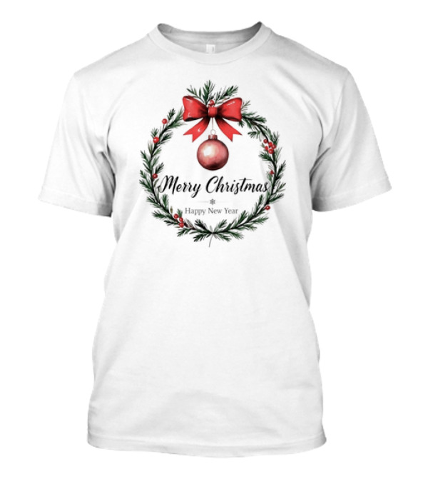 Merry Christmas Happy New Year 2024 Wreath With Red Bow T-Shirt