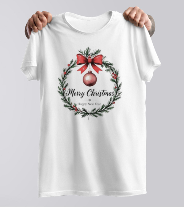 Merry Christmas Happy New Year 2024 Wreath With Red Bow T-Shirt