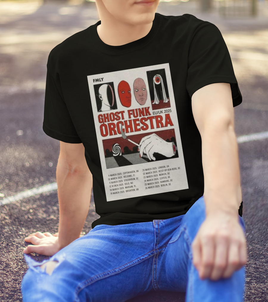 FMLY Ghost Funk Orchestra EU UK 2025 Tour Poster With Faces And Hand Symbol March Dates T-Shirt