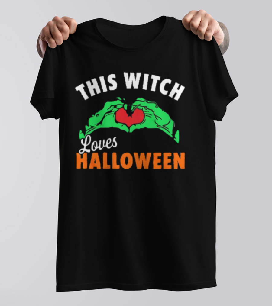 This Witch Loves Halloween Green Hands Heart T-Shirt