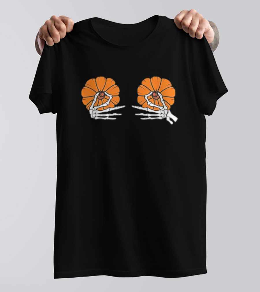 Skeleton Hands Holding Orange Pumpkins Halloween T-Shirt