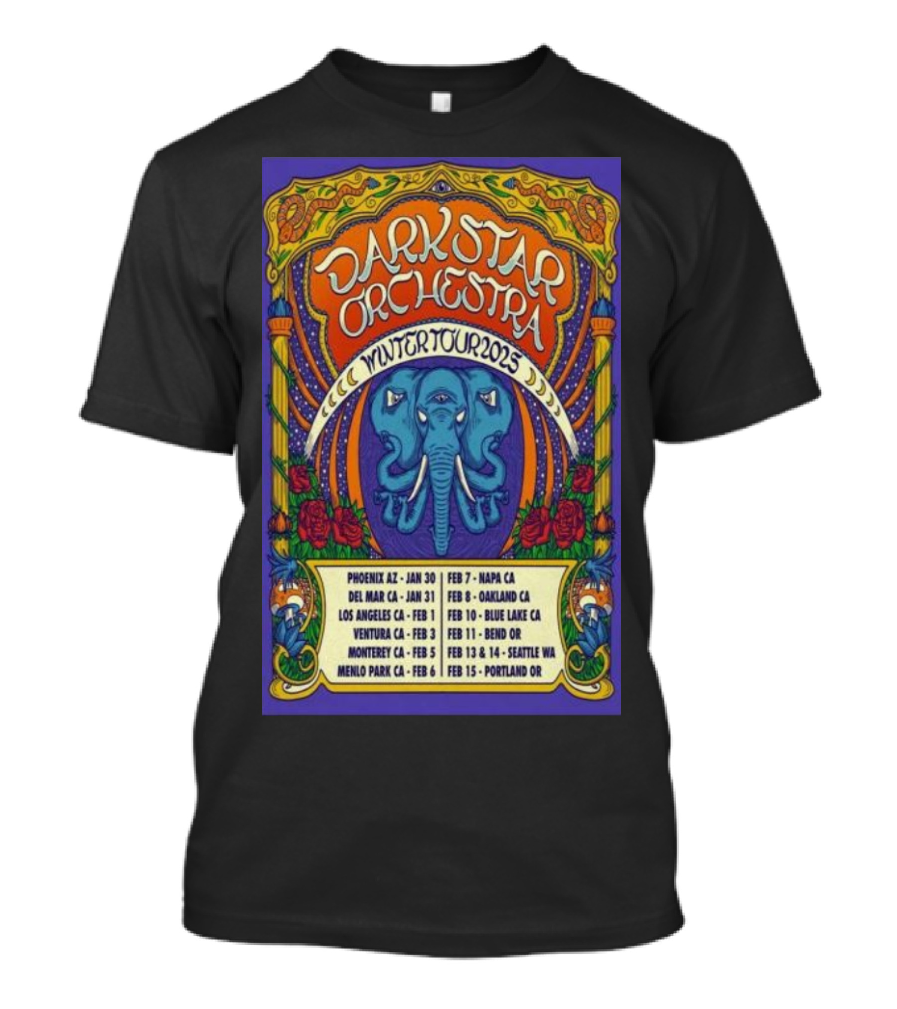 Dark Star Orchestra Winter Tour 2025 Psychedelic Elephant And Roses With Tour Dates In U.S. Cities T-Shirt
