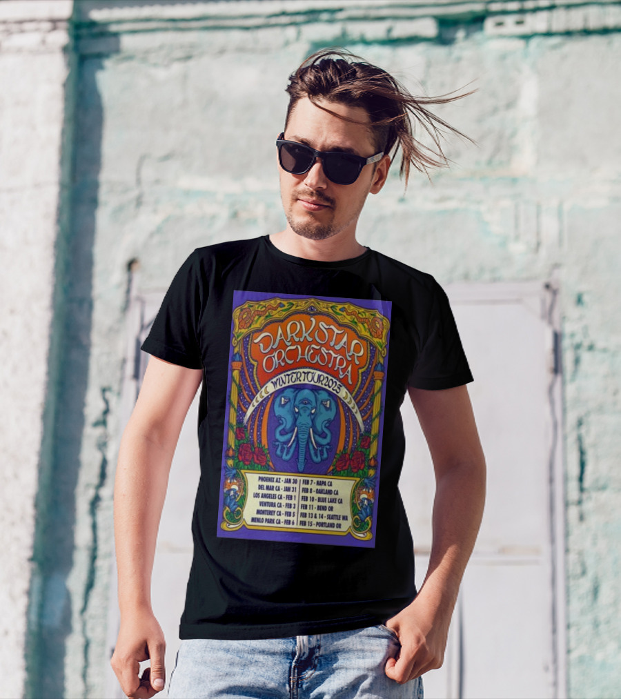Dark Star Orchestra Winter Tour 2025 Psychedelic Elephant And Roses With Tour Dates In U.S. Cities T-Shirt